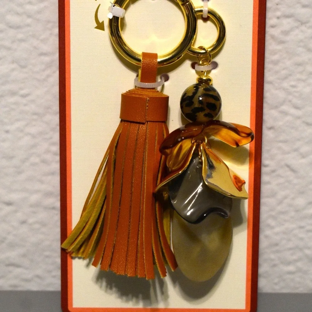 House of Harlow‎ Key Chain & Bag Charm Women Brown Tassel Leopard Bead Keychain